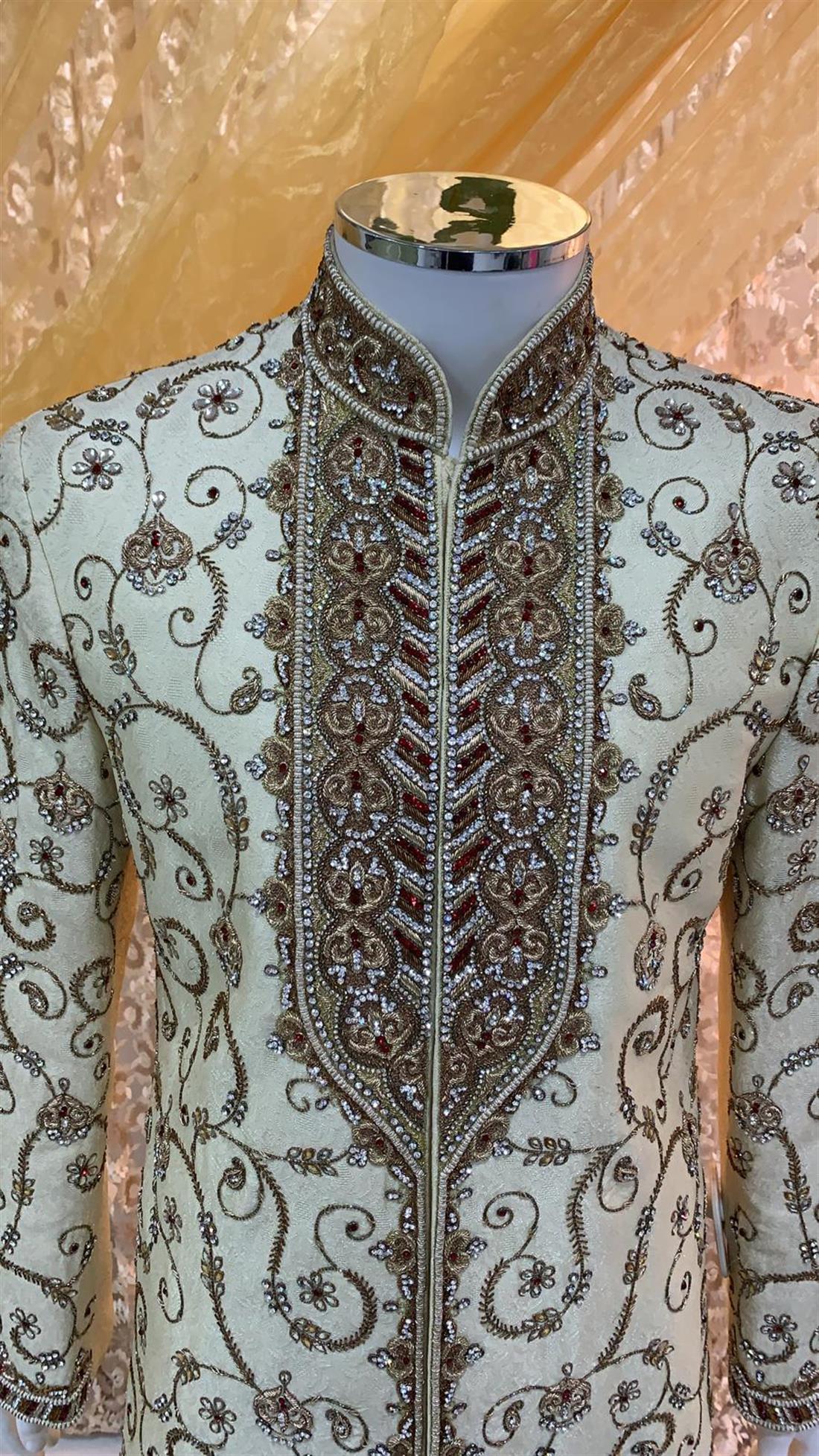 Light Gold Embroidered Mens Sherwani