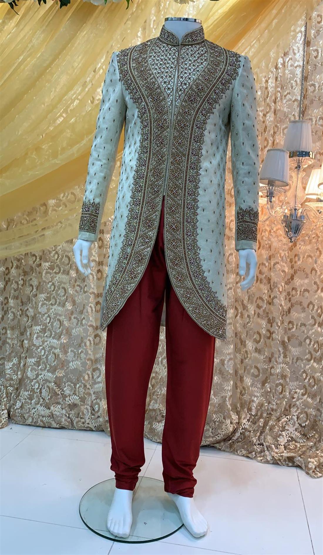 Light Gold Embroidered Mens Sherwani