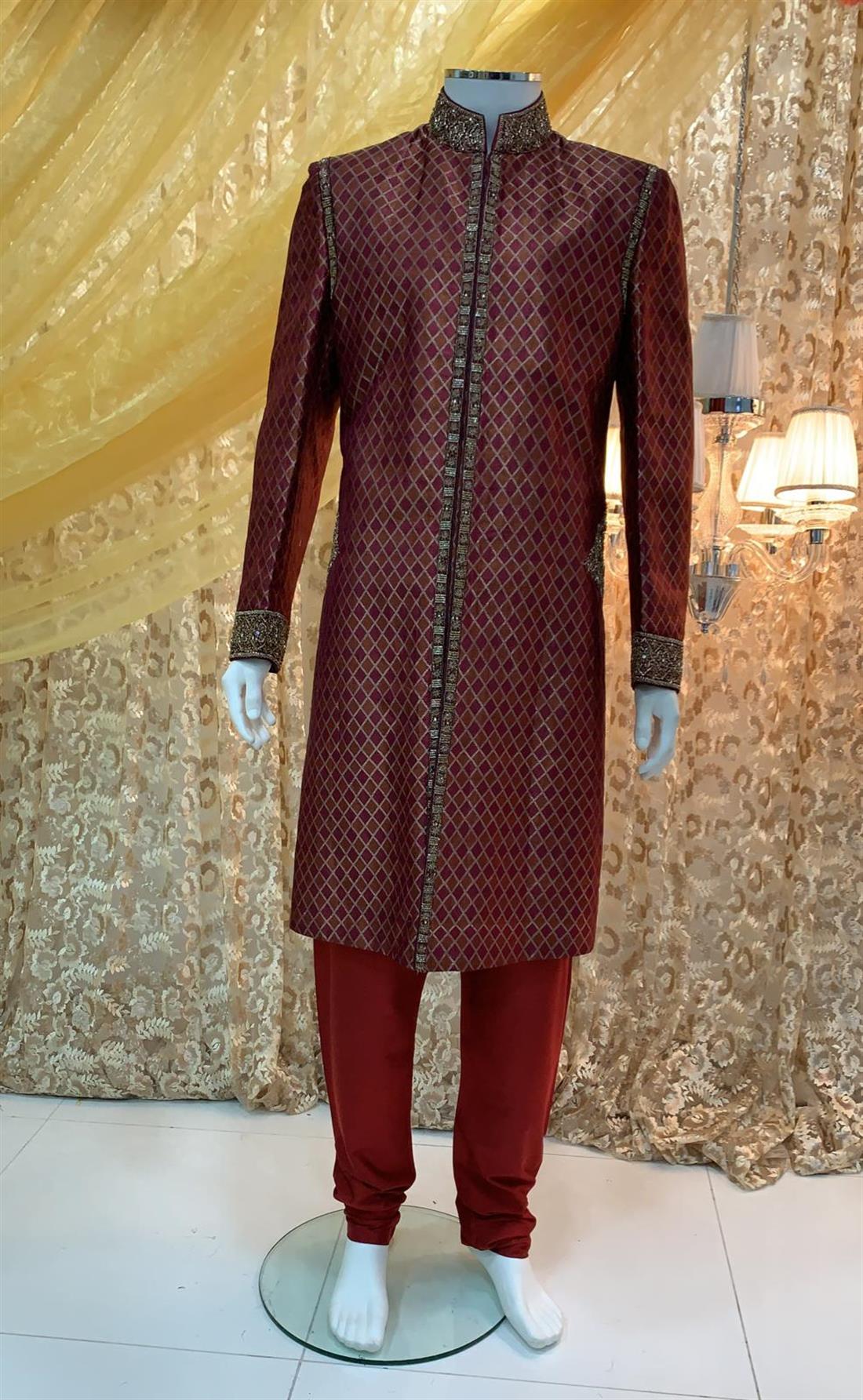 Maroon Embroidered Mens Sherwani
