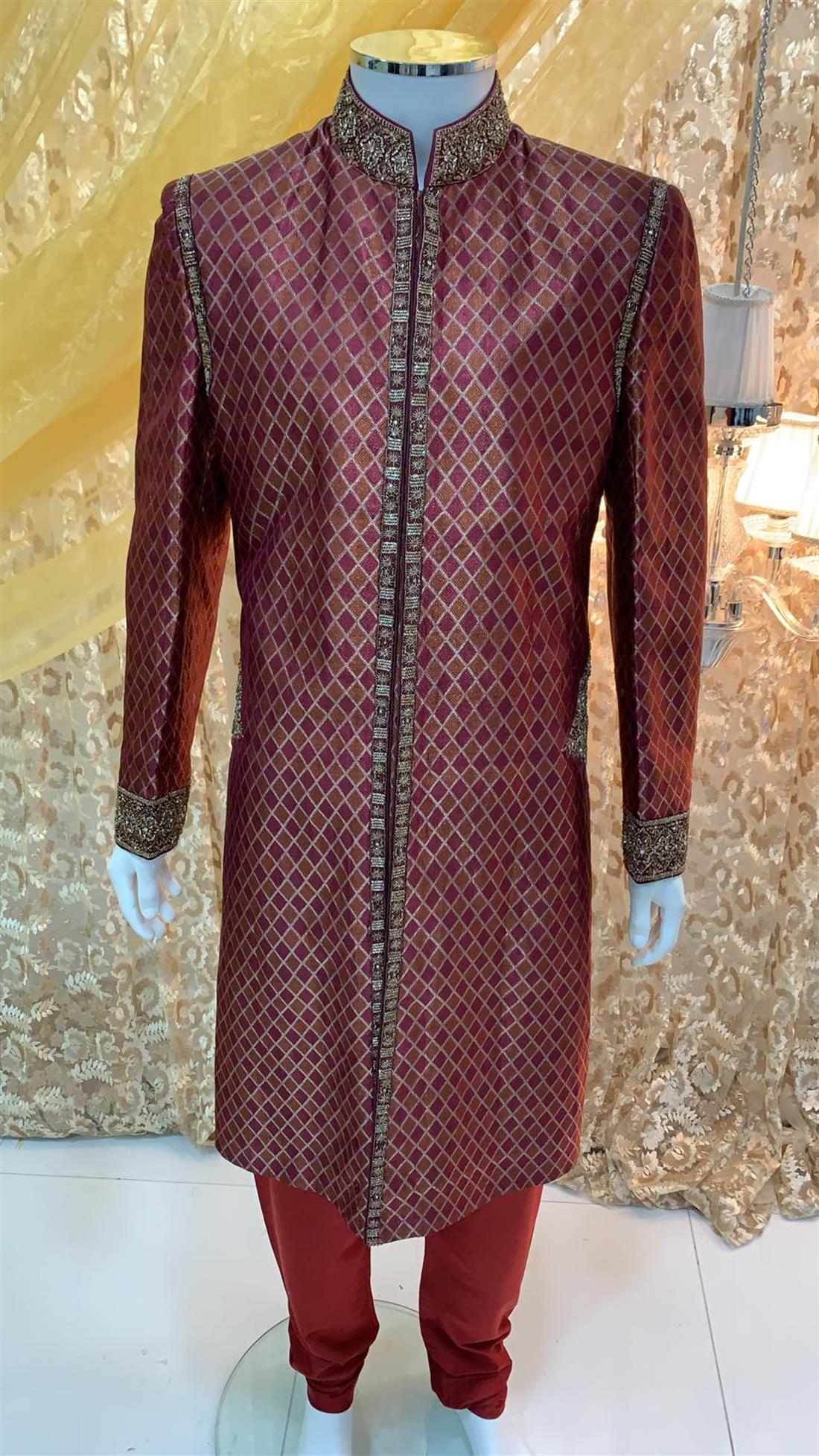 Maroon Embroidered Mens Sherwani