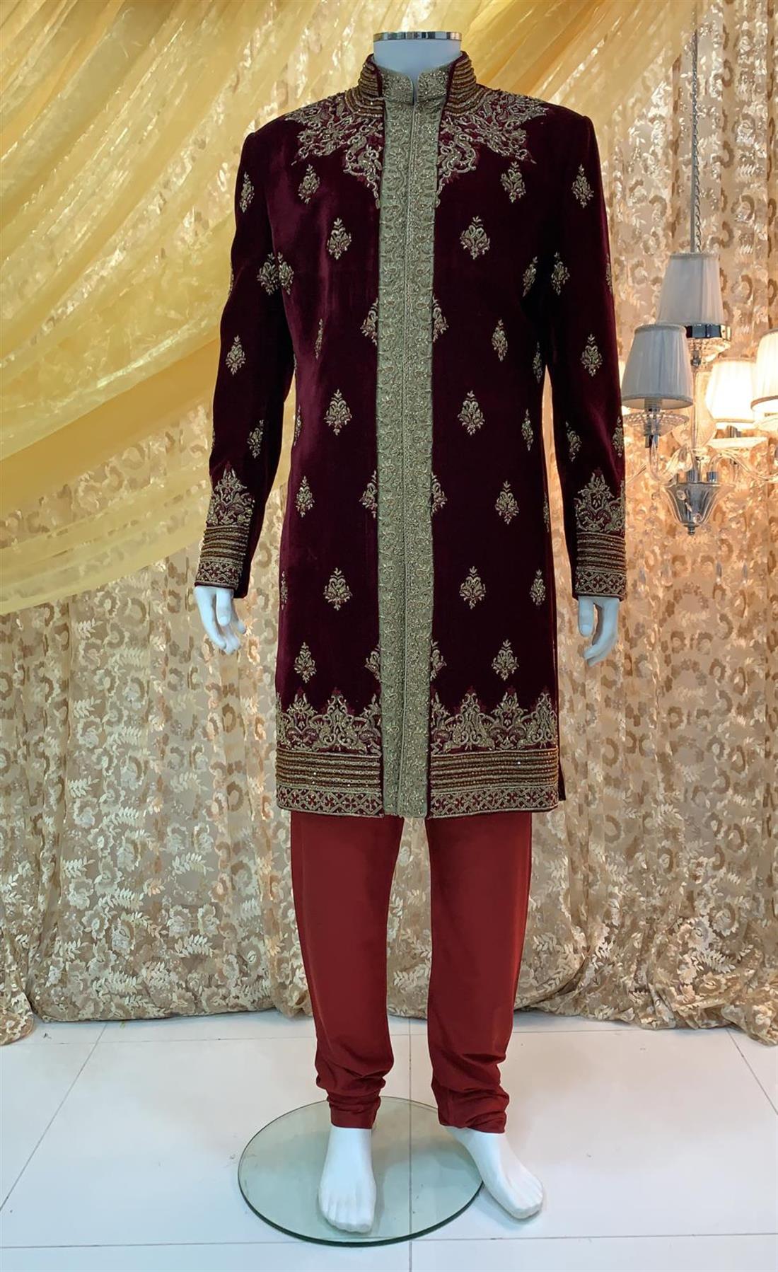 Maroon Embroidered Velvet Mens Sherwani