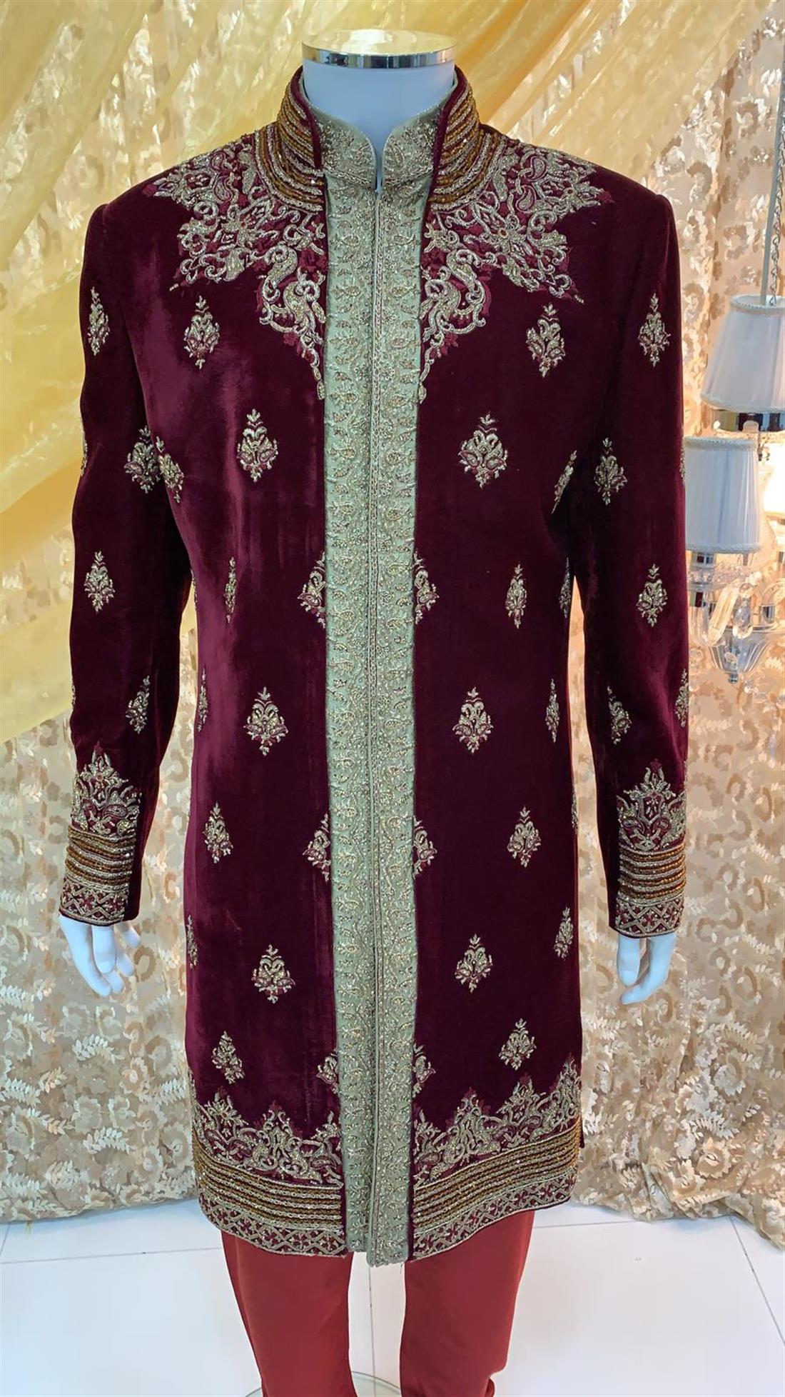 Maroon Embroidered Velvet Mens Sherwani