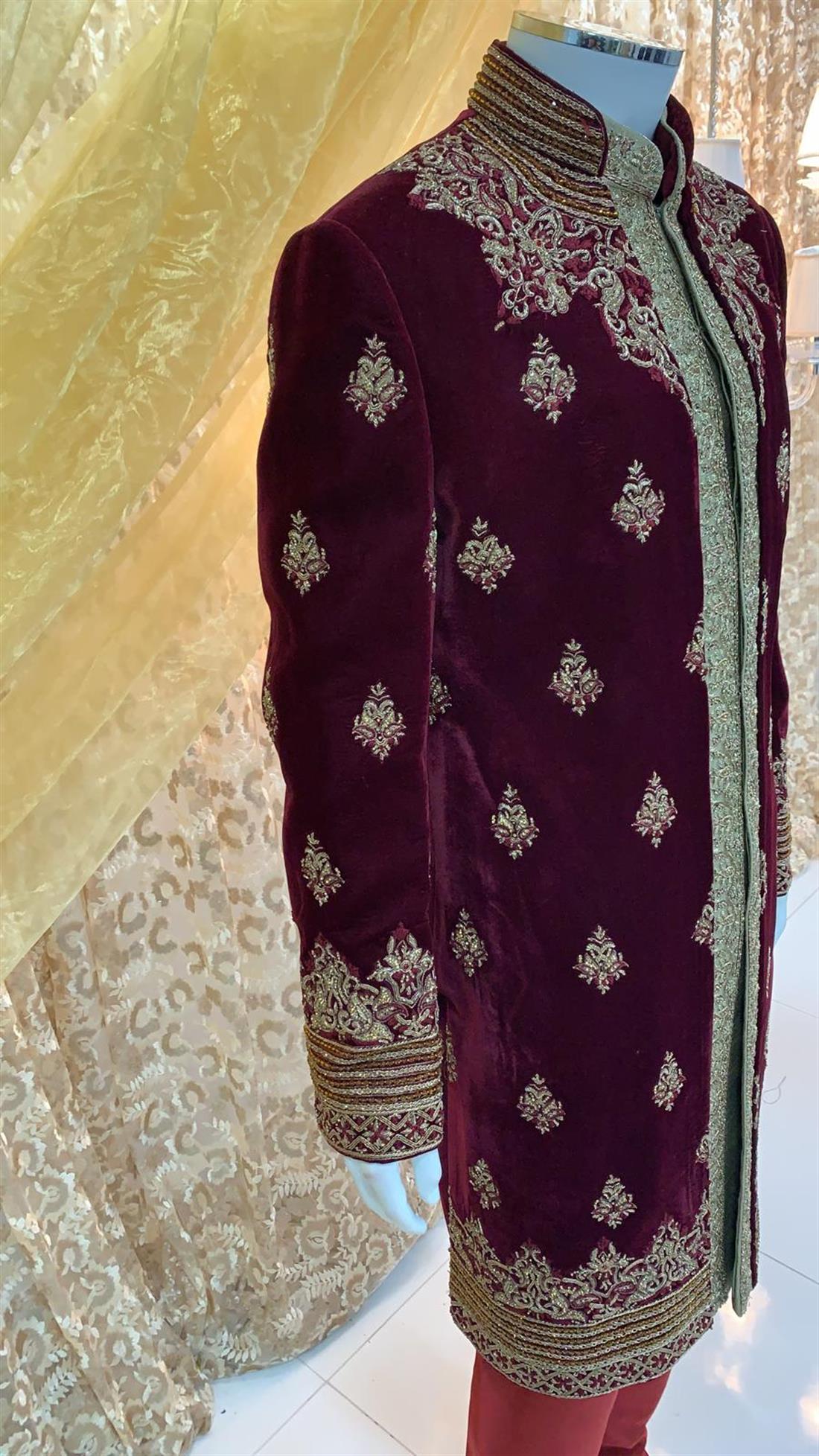 Maroon Embroidered Velvet Mens Sherwani
