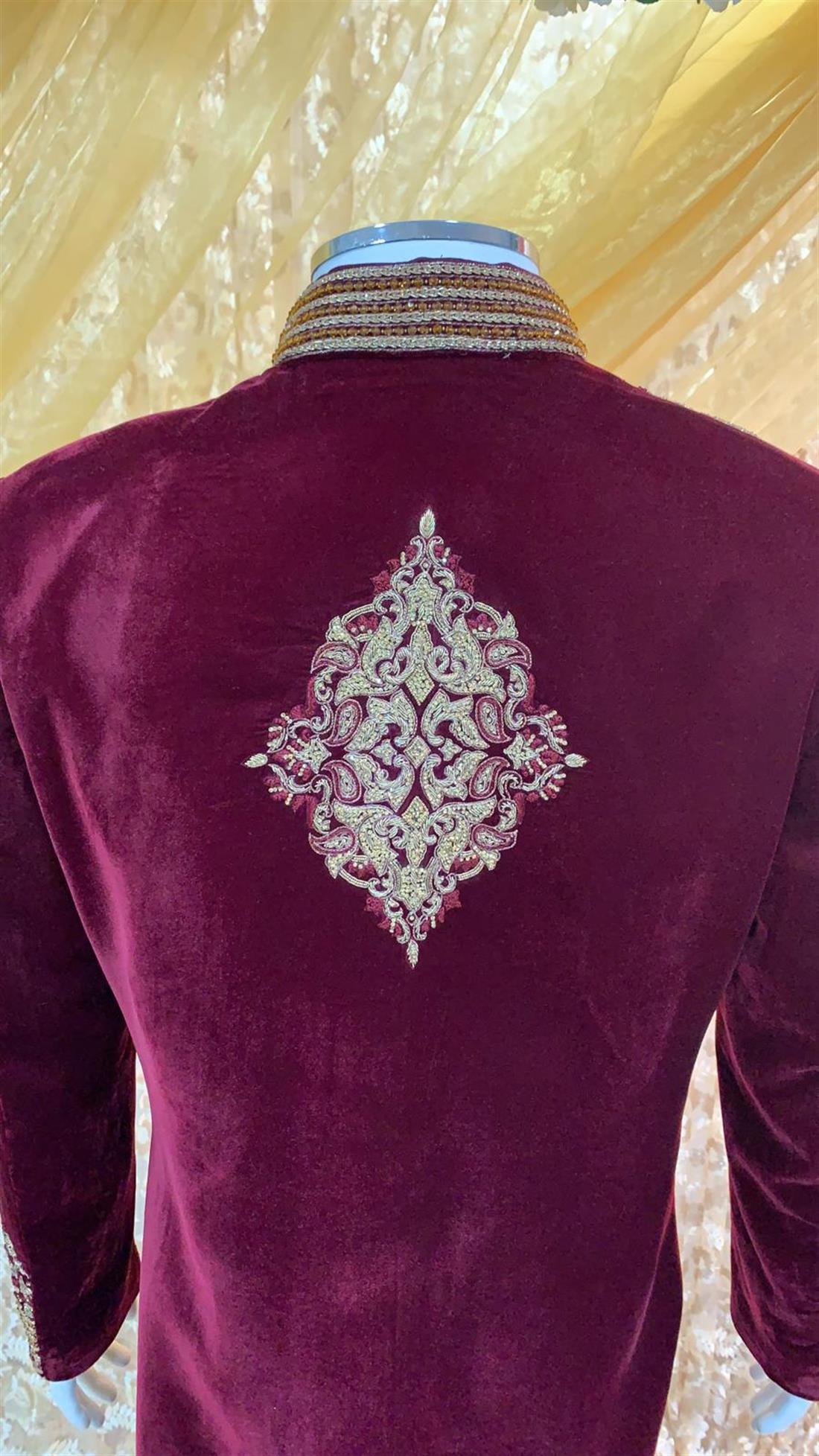 Maroon Embroidered Velvet Mens Sherwani