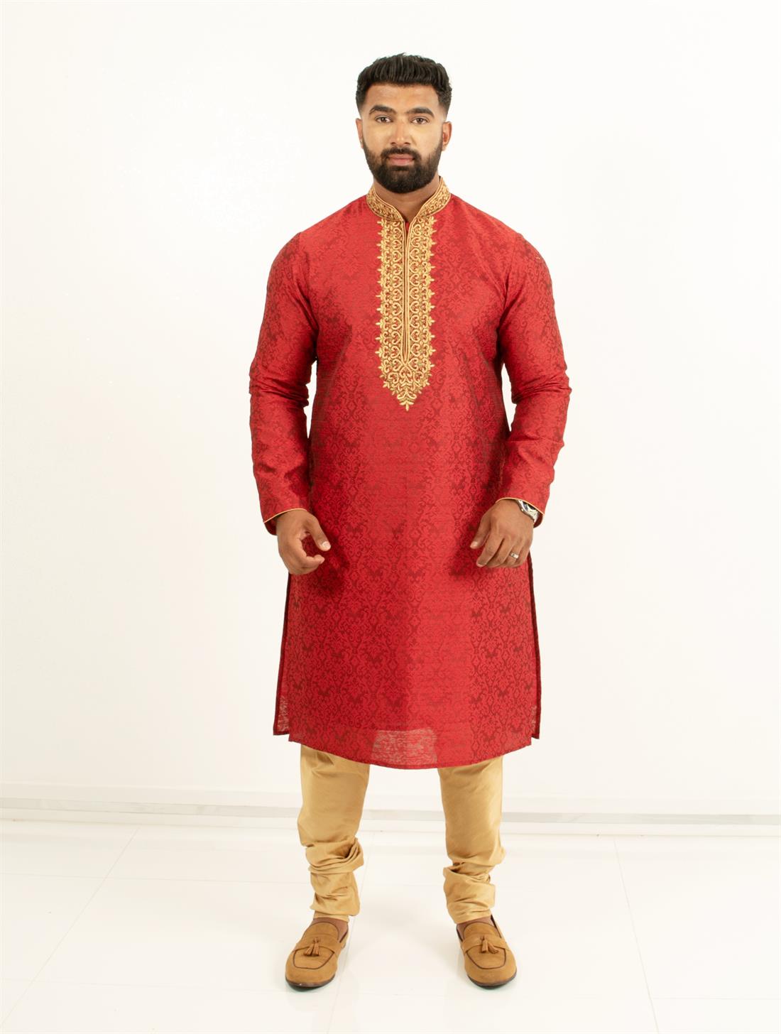 Brocade kurta pajma with neckline embroidery in gold embellishment