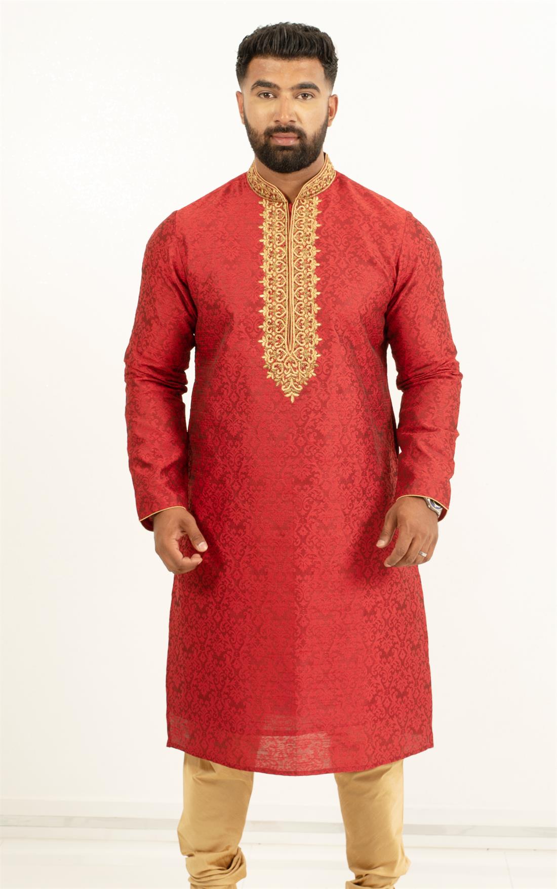 Brocade kurta pajma with neckline embroidery in gold embellishment