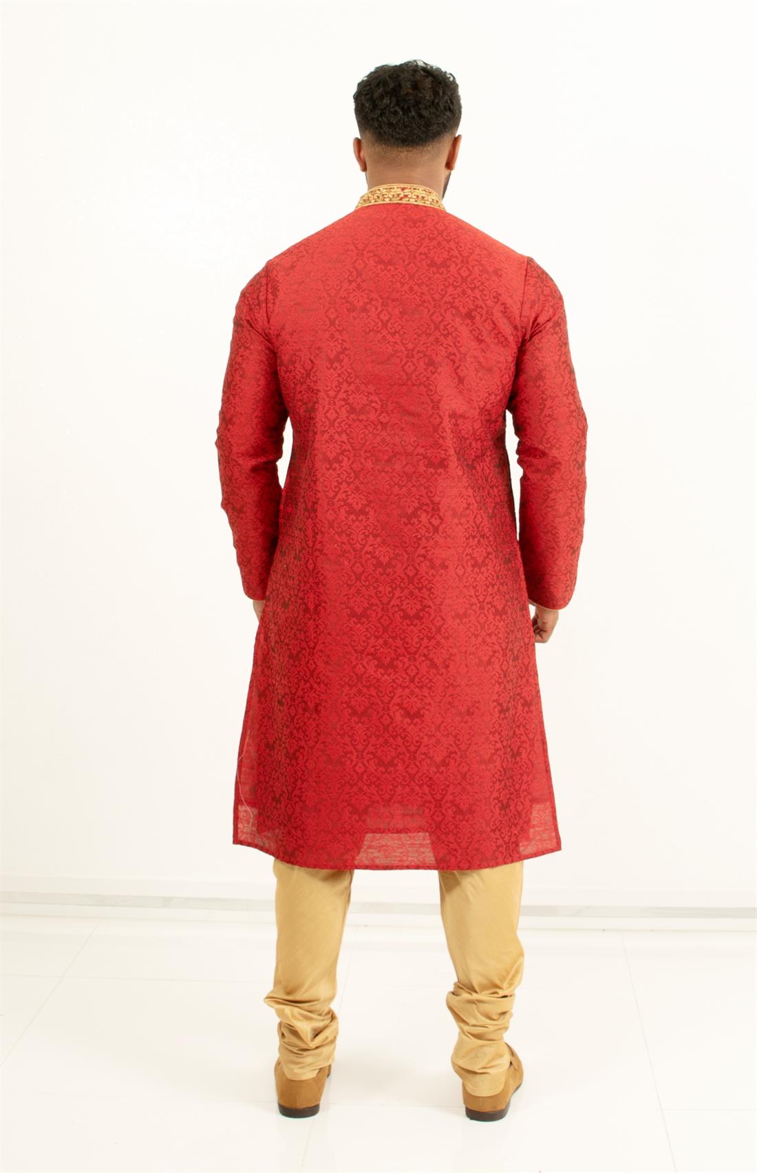 Brocade kurta pajma with neckline embroidery in gold embellishment