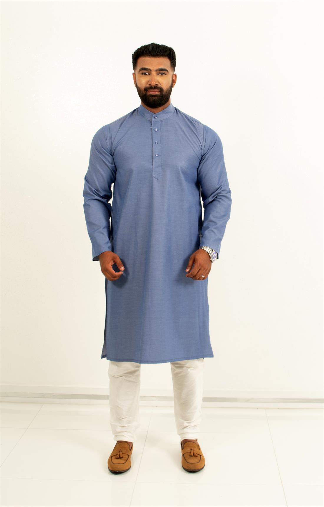 Plain denim look kurta pajma with matching buttons