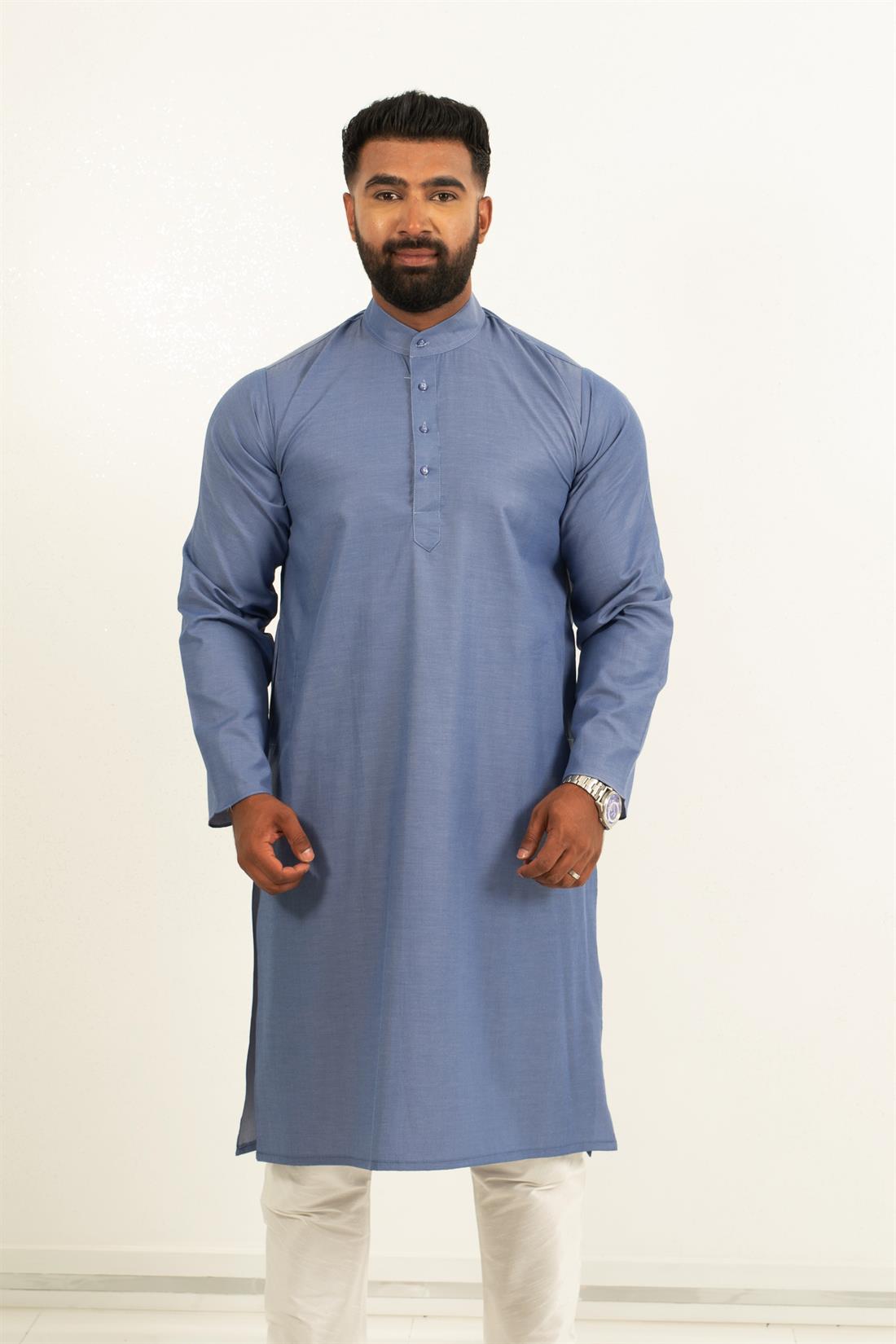 Plain denim look kurta pajma with matching buttons