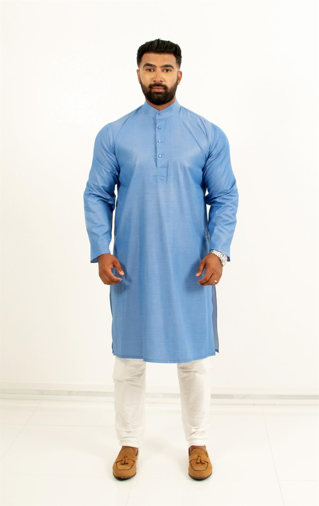 Plain denim look kurta pajma with matching buttons