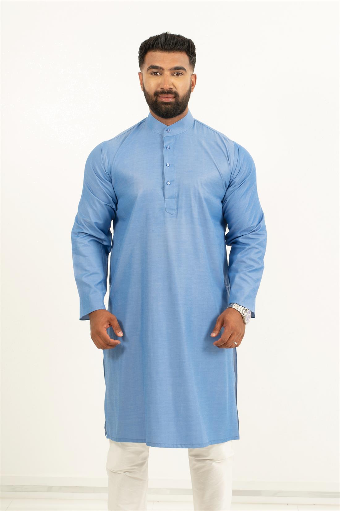 Plain denim look kurta pajma with matching buttons