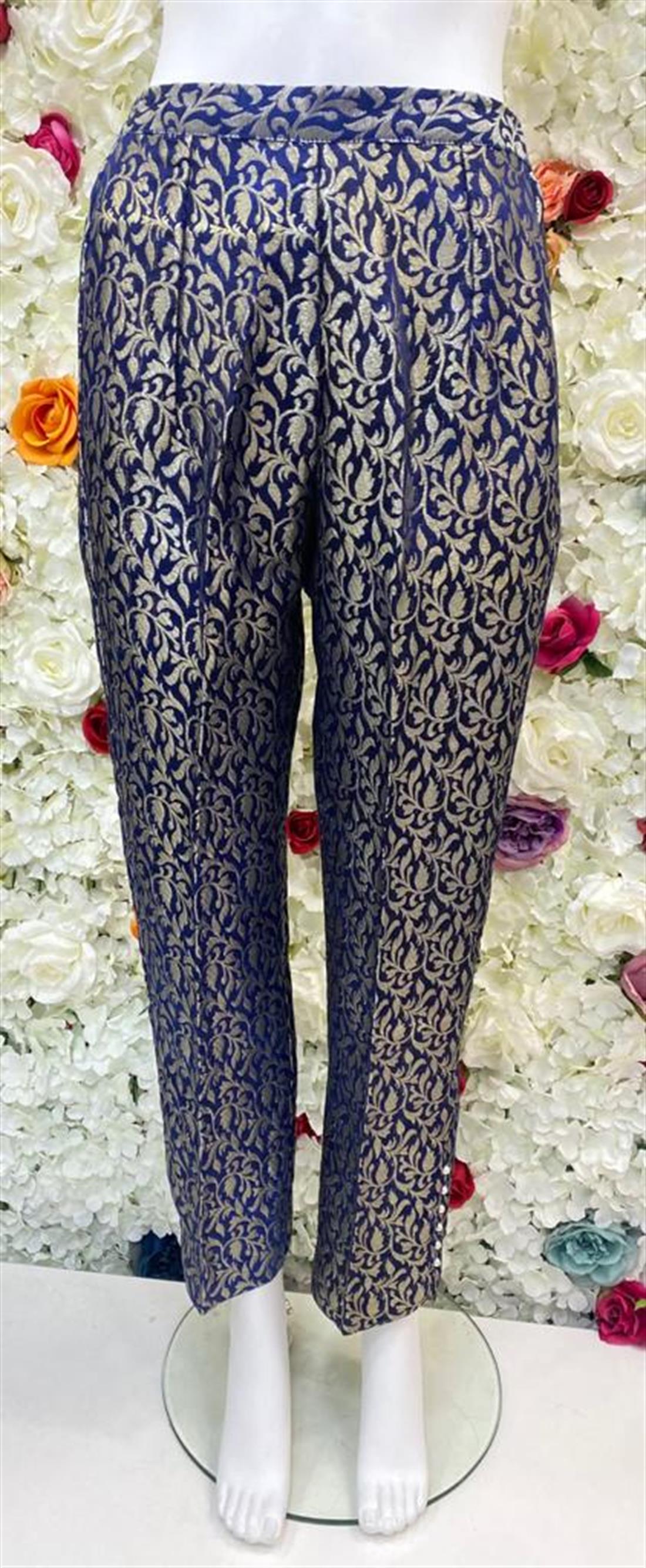 Navy Blue Jamawar Trouser with Pearl Embellishment.