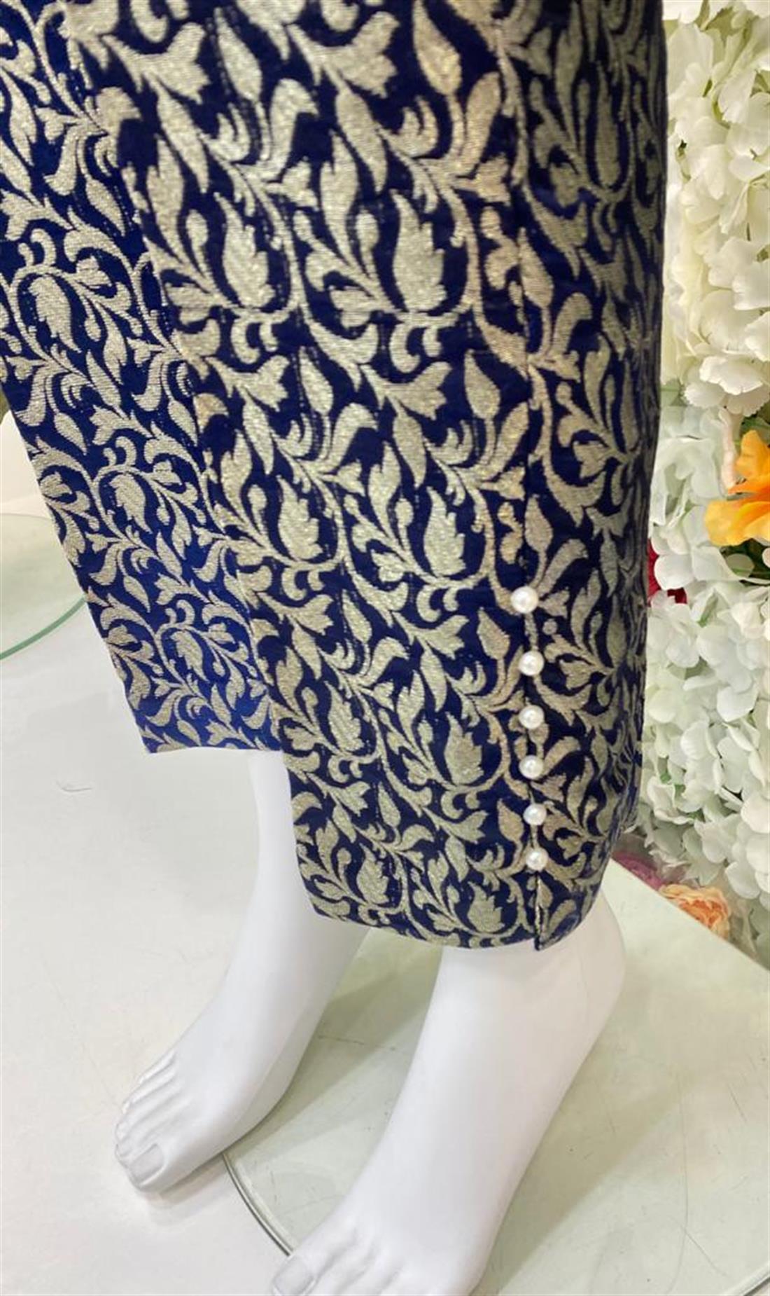 Navy Blue Jamawar Trouser with Pearl Embellishment.