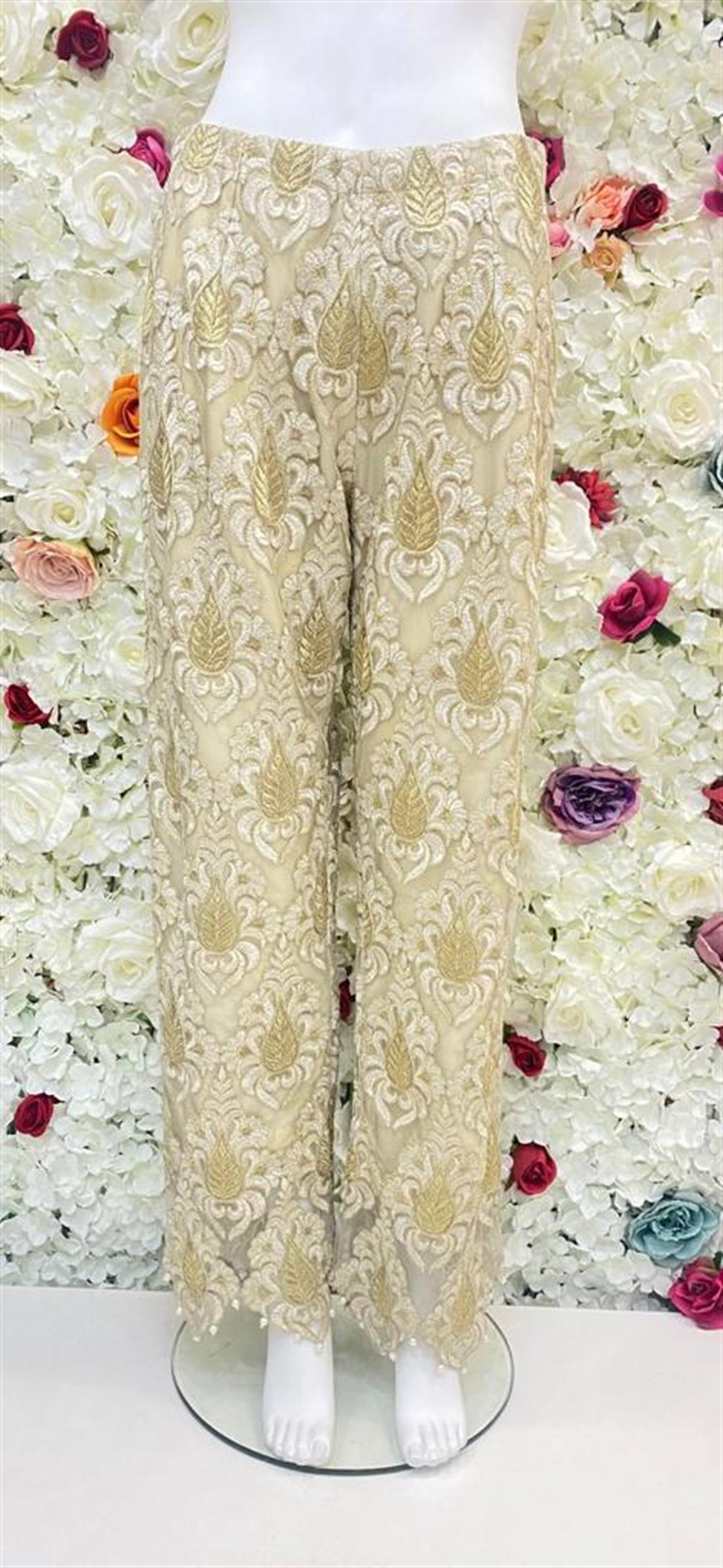 Cream Stunning Embroidered Trouser with Pearl Embellishment.