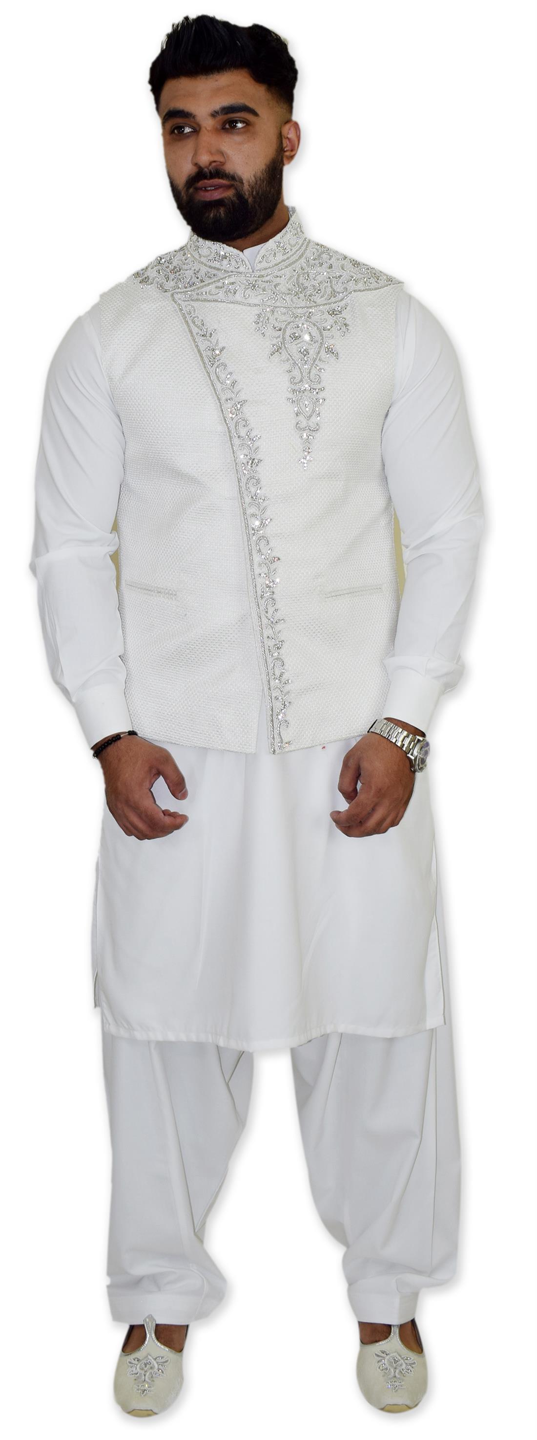 White Beaded Velvet Mens Waistcoat