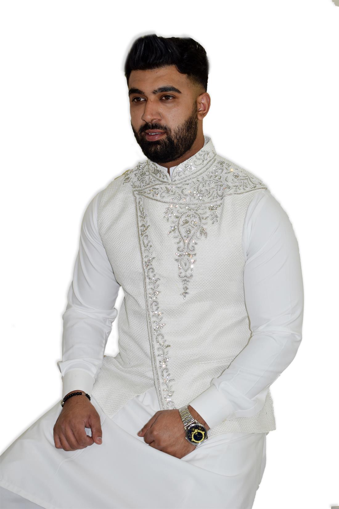 White Beaded Velvet Mens Waistcoat