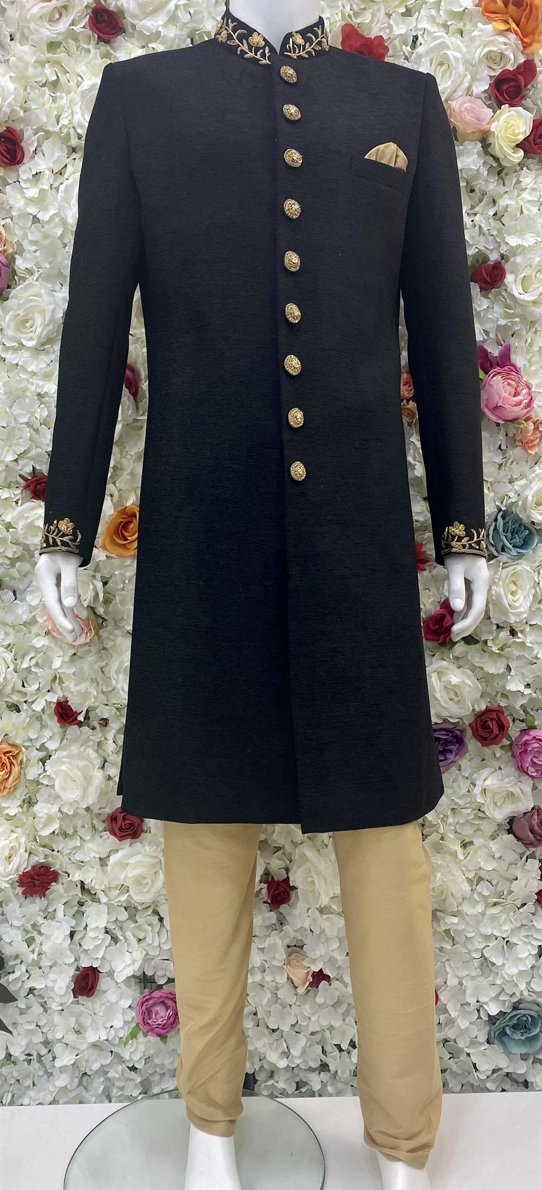 Black Sherwani in Codroy with Gold Embroidery.length-42.5"