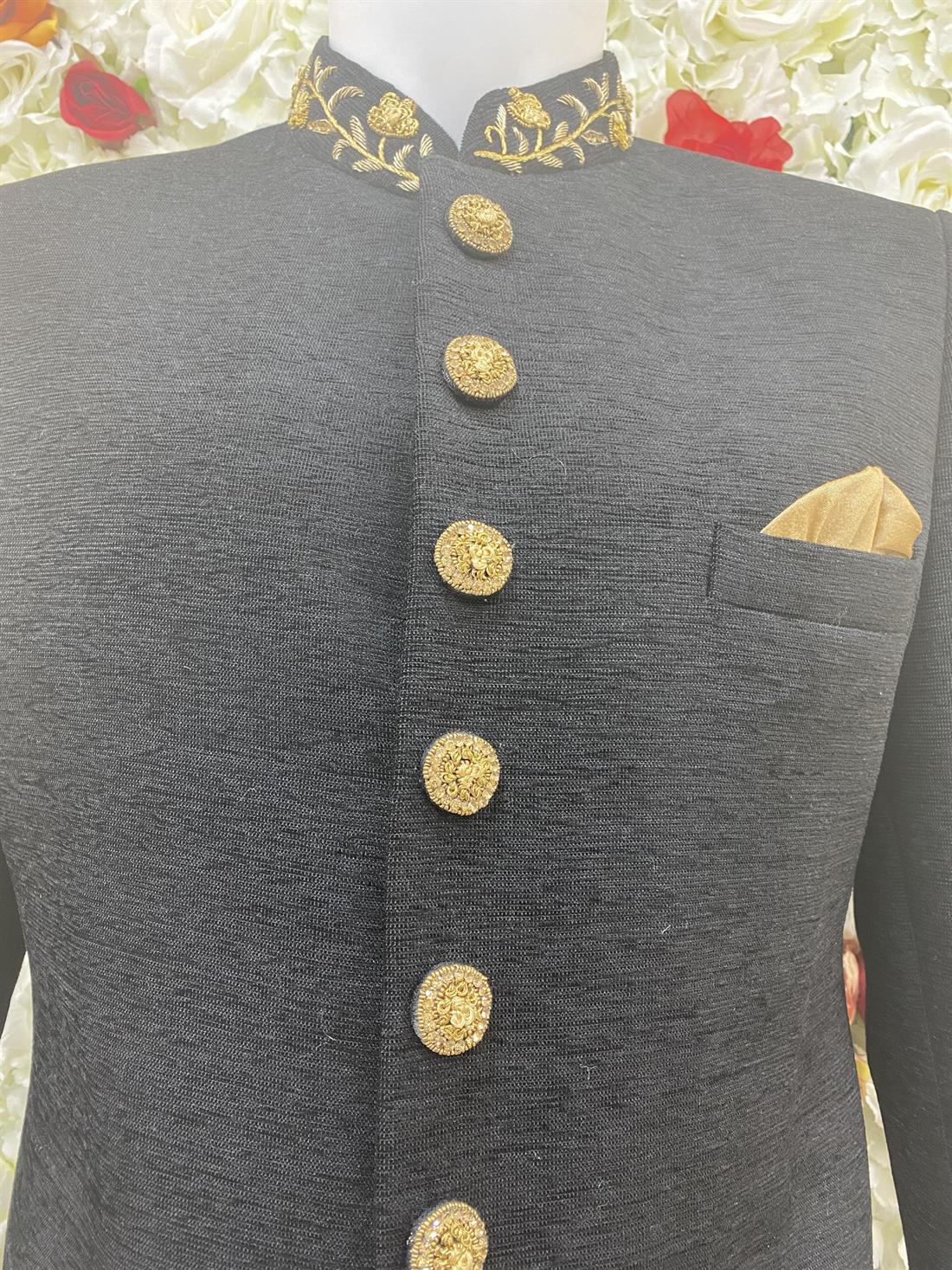 Black Sherwani in Codroy with Gold Embroidery.length-42.5"