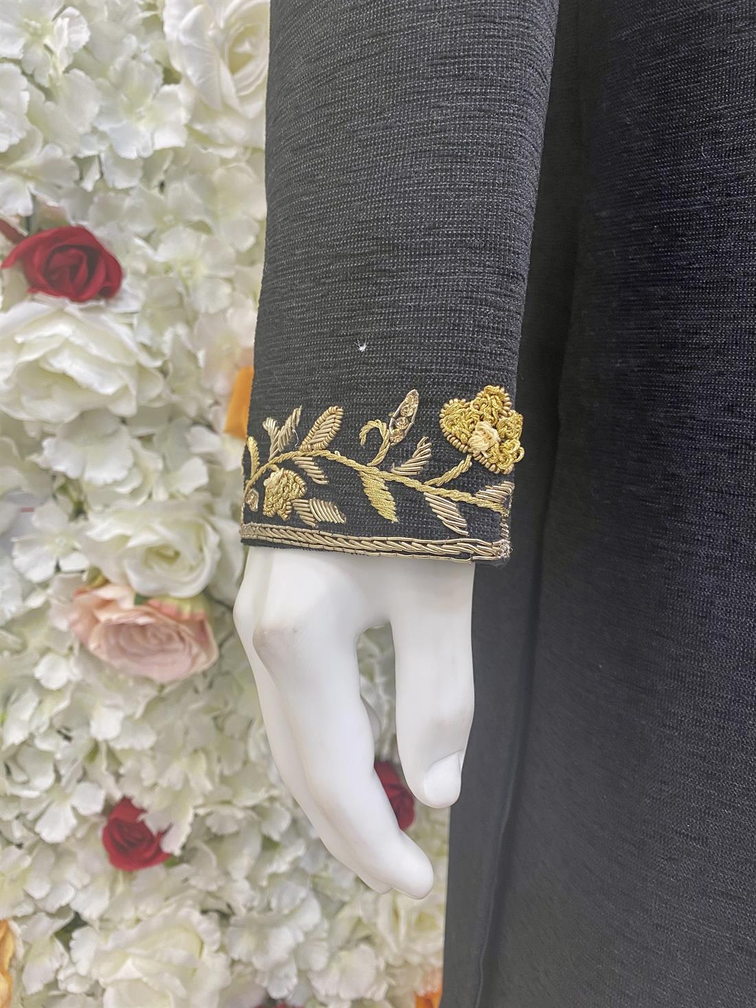 Black Sherwani in Codroy with Gold Embroidery.length-42.5"
