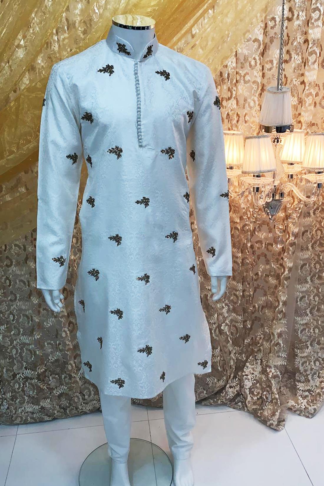 Ivory & Gold Embroidered Mens Kurta Pajama