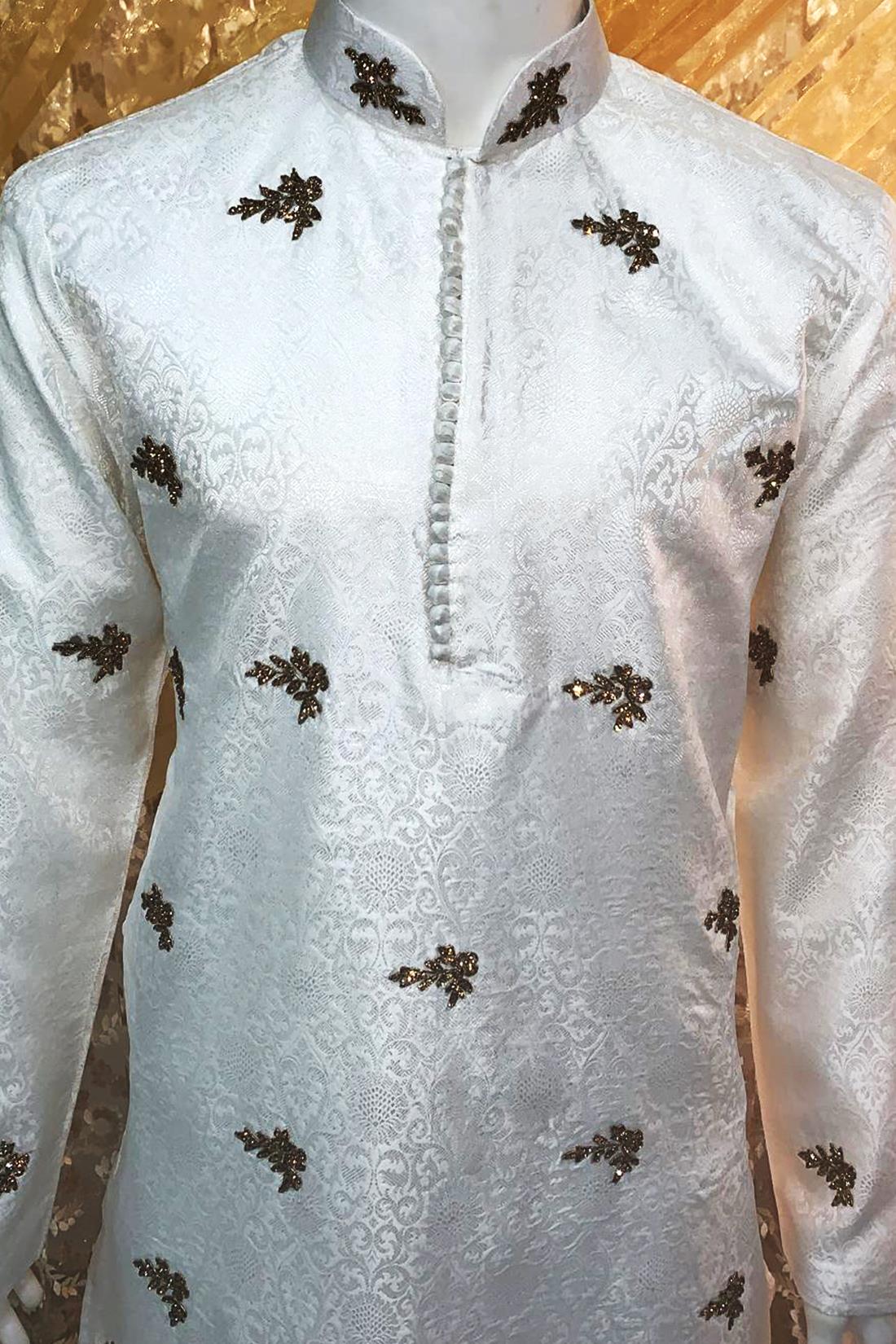 Ivory & Gold Embroidered Mens Kurta Pajama
