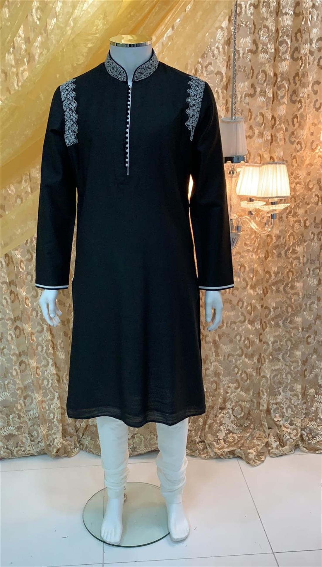 Black Embroidered Silk Mens Kurta Pajama