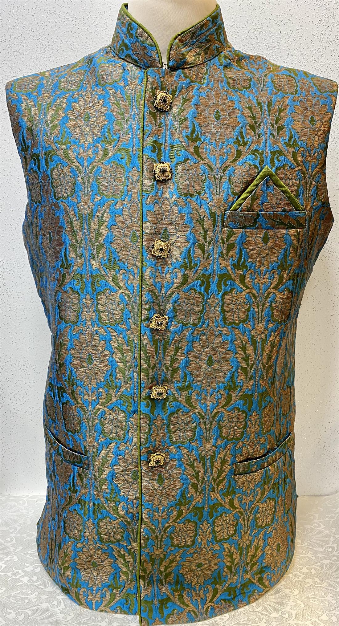 Blue & Green Brocade Waistcoat with Nice Metal Buttons.