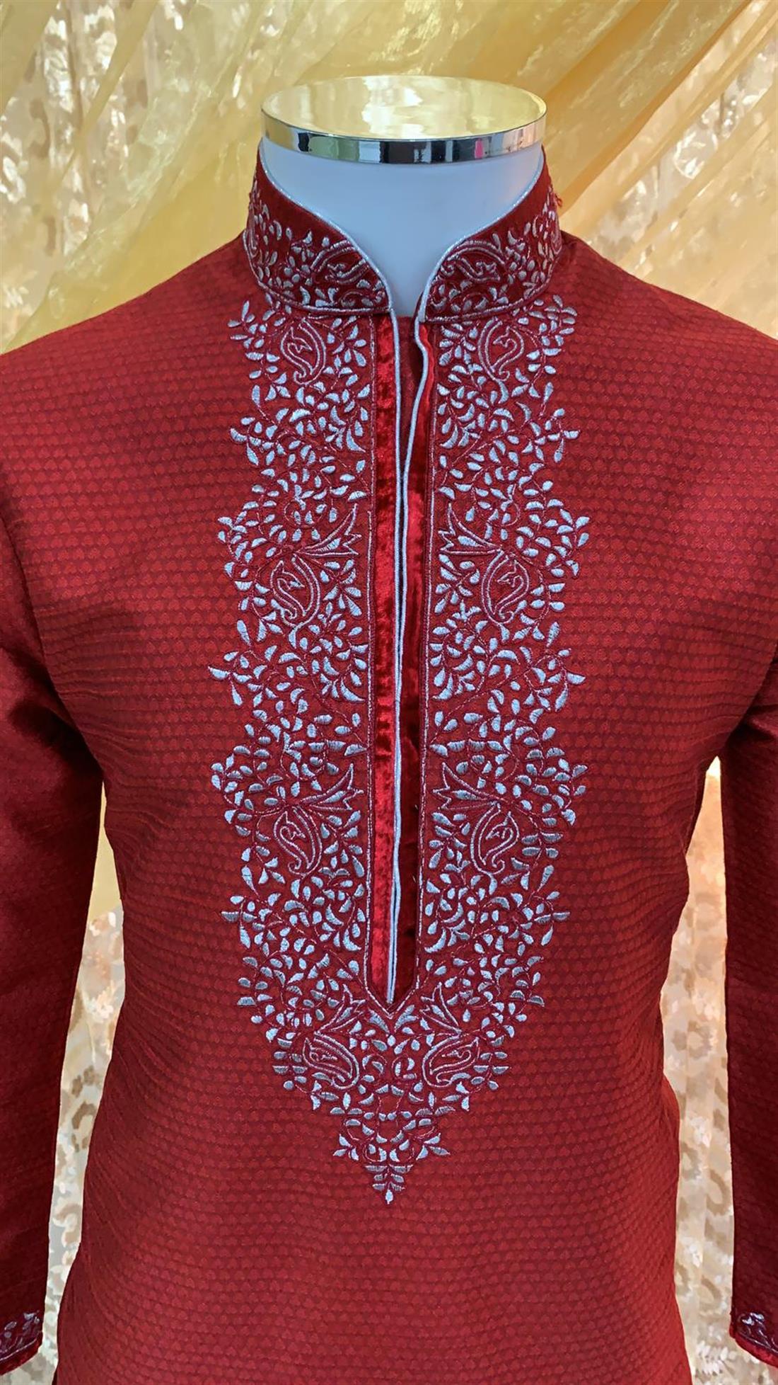 Silk art kurta pajma With silver and black machine embroidery