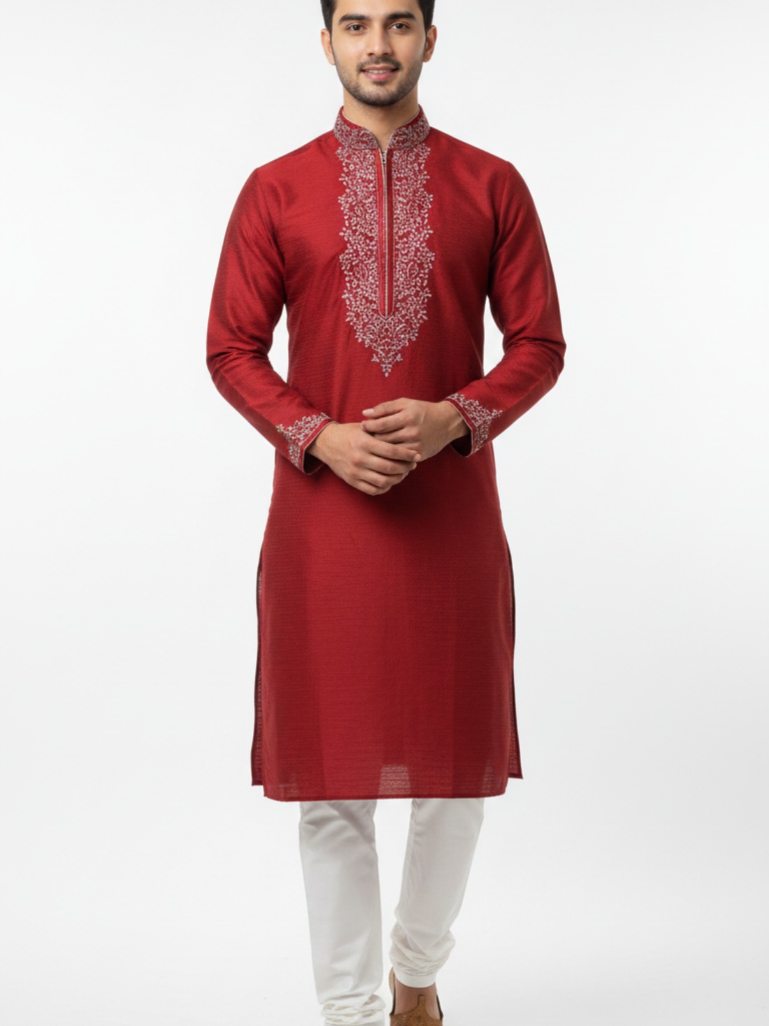 Silk art kurta pajma With silver and black machine embroidery