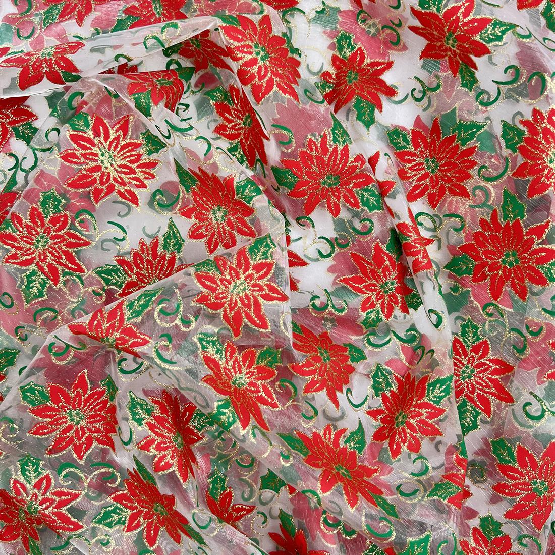 Poinsettia Design Organza Fabric Xmas Drapery Gifts Wrapping