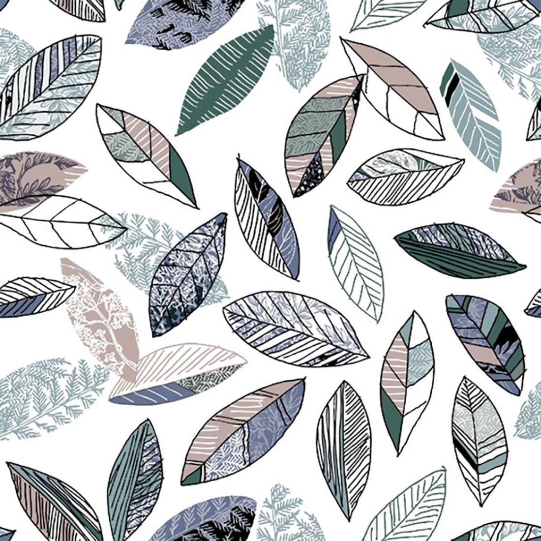 Teal Printed Modern Leaves Heavy Duty Waterproof Pvc Coated Vinyl Fabric