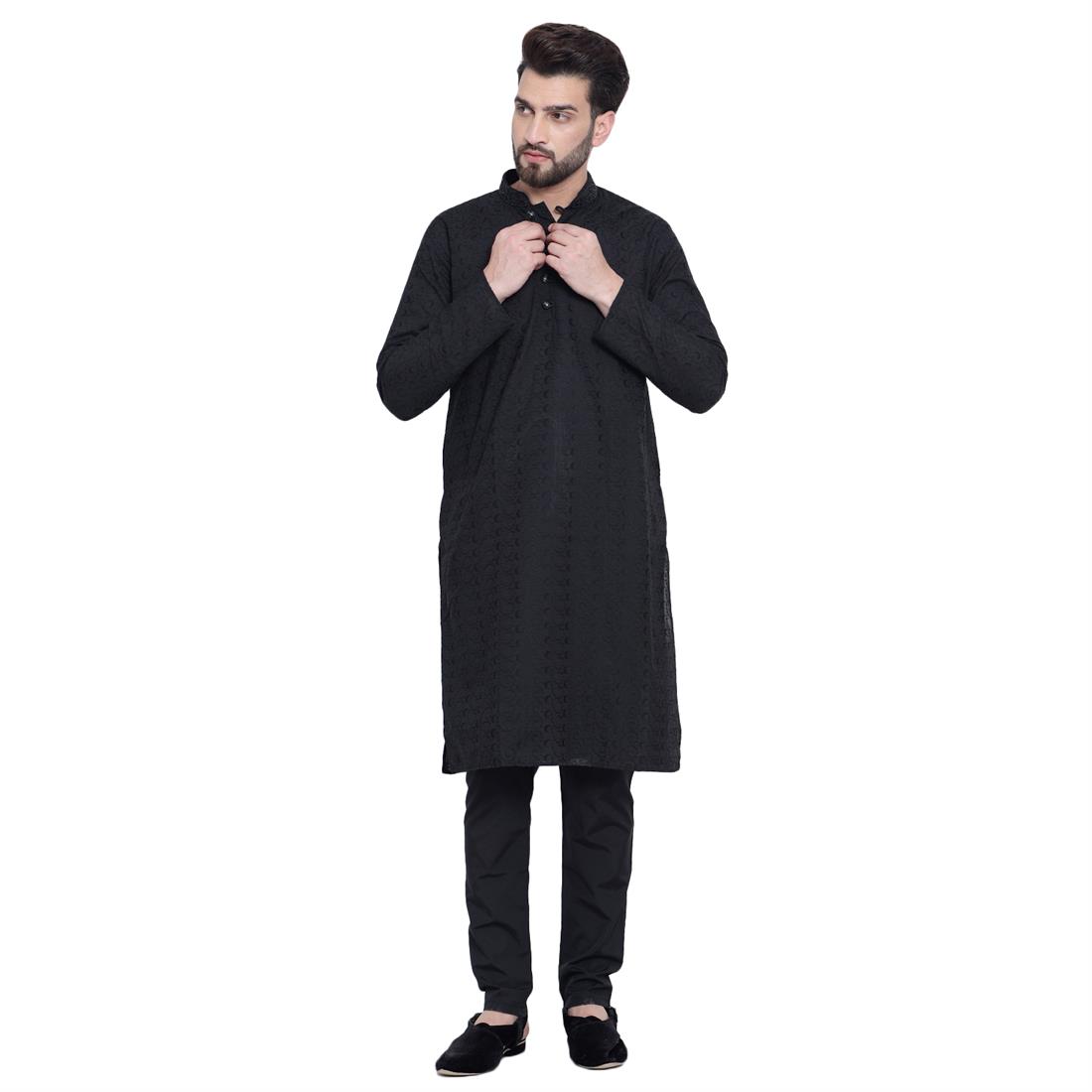 Black Printed Cotton Kurta Pajama