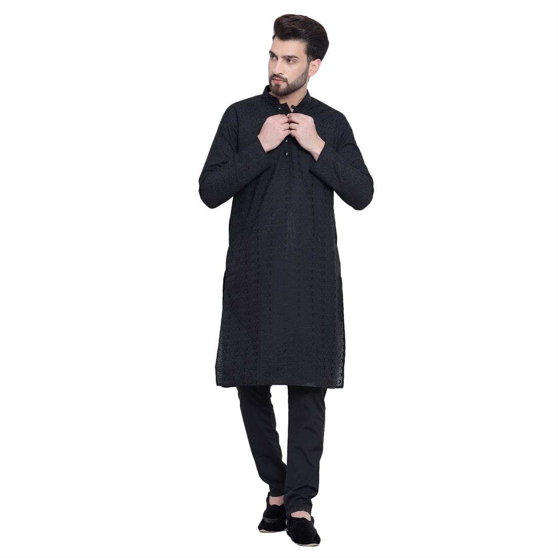 Black Printed Cotton Kurta Pajama
