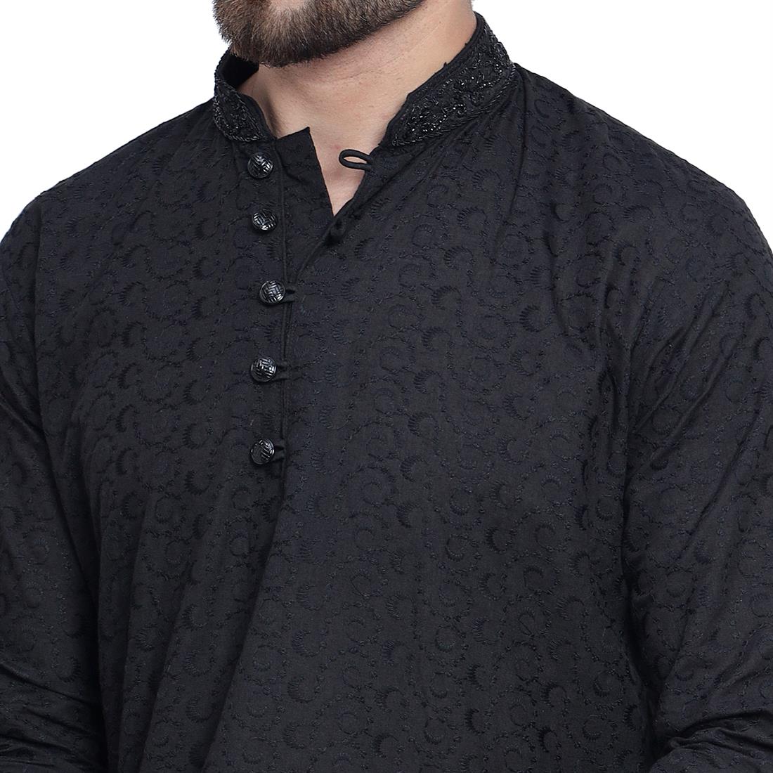 Black Printed Cotton Kurta Pajama