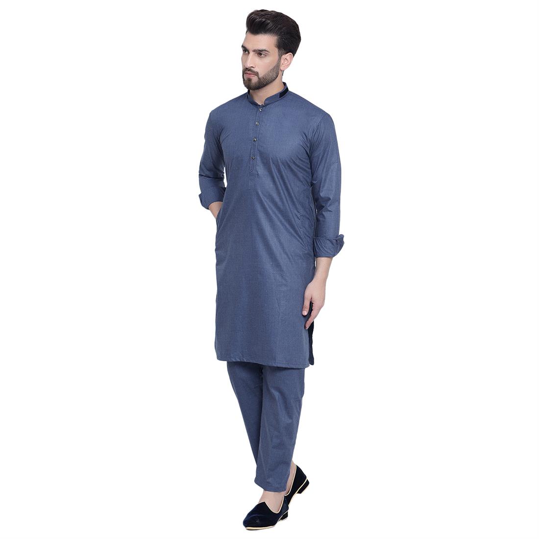 Blue Mens Plain Kurta Pyjama