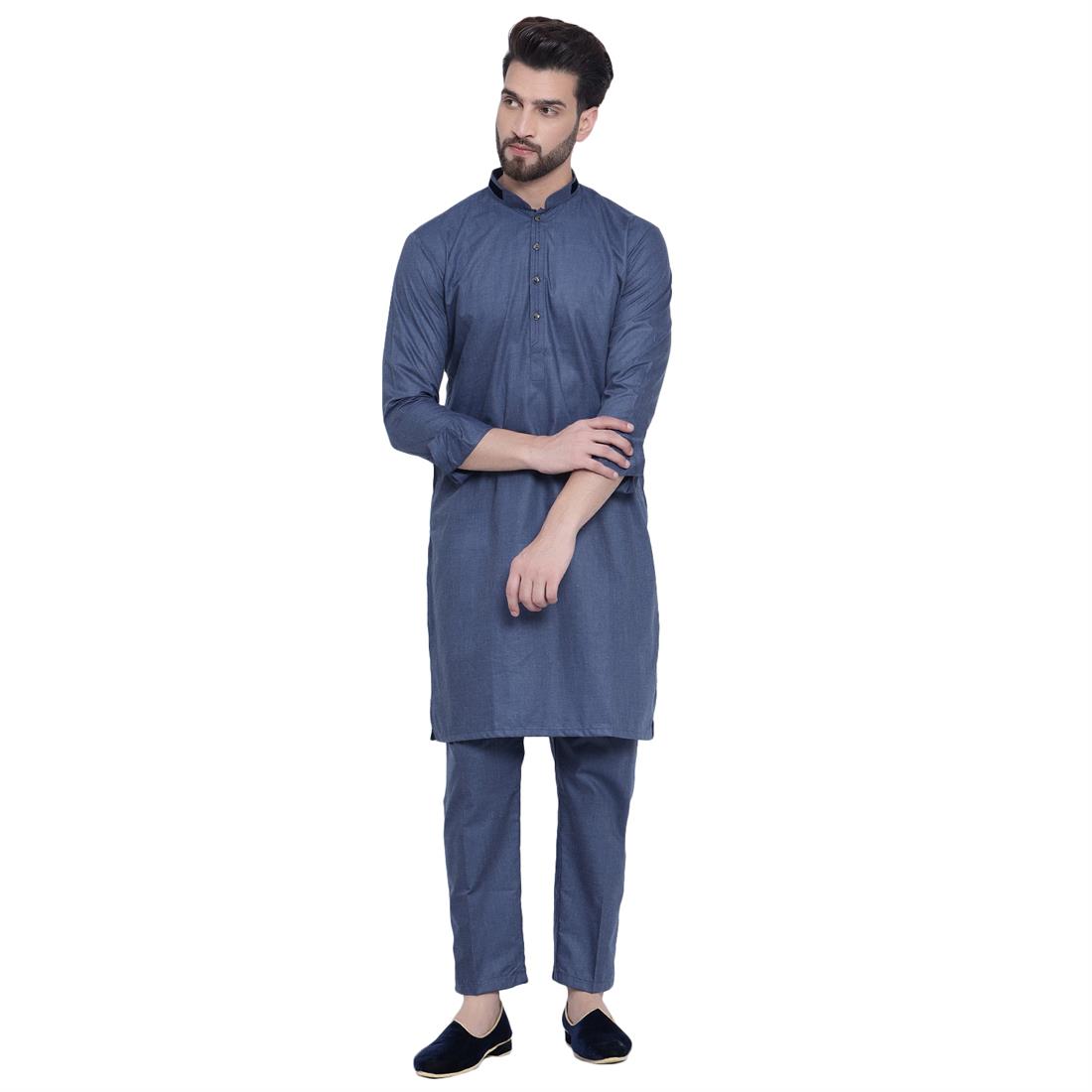 Blue Mens Plain Kurta Pyjama