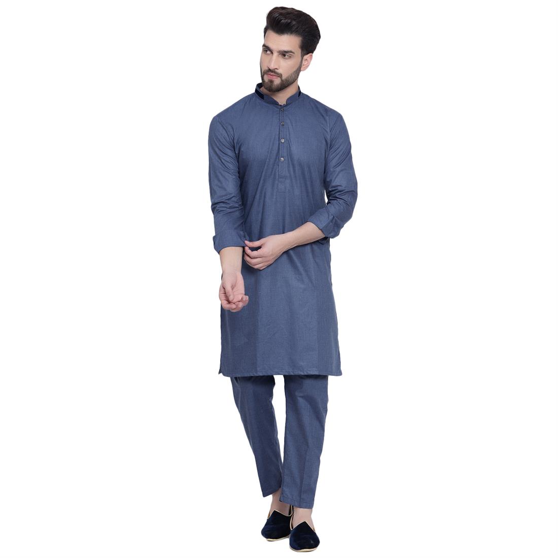 Blue Mens Plain Kurta Pyjama