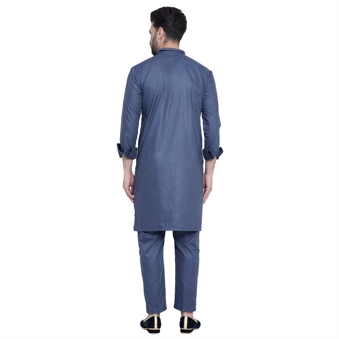 Blue Mens Plain Kurta Pyjama