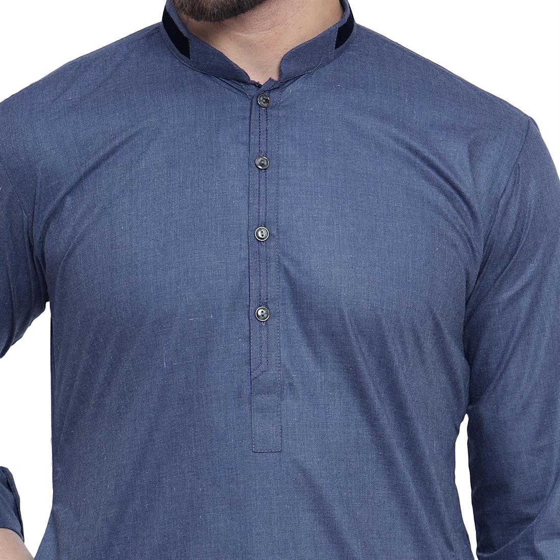 Blue Mens Plain Kurta Pyjama