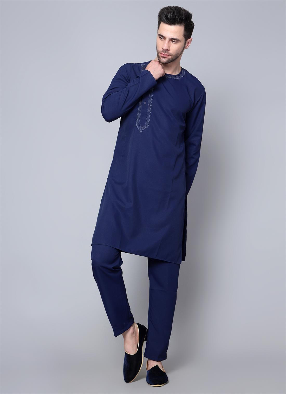 Navy Embroidered Mens Kurta with Straight Pyjama