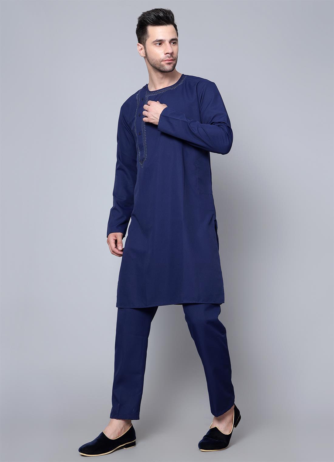 Navy Embroidered Mens Kurta with Straight Pyjama