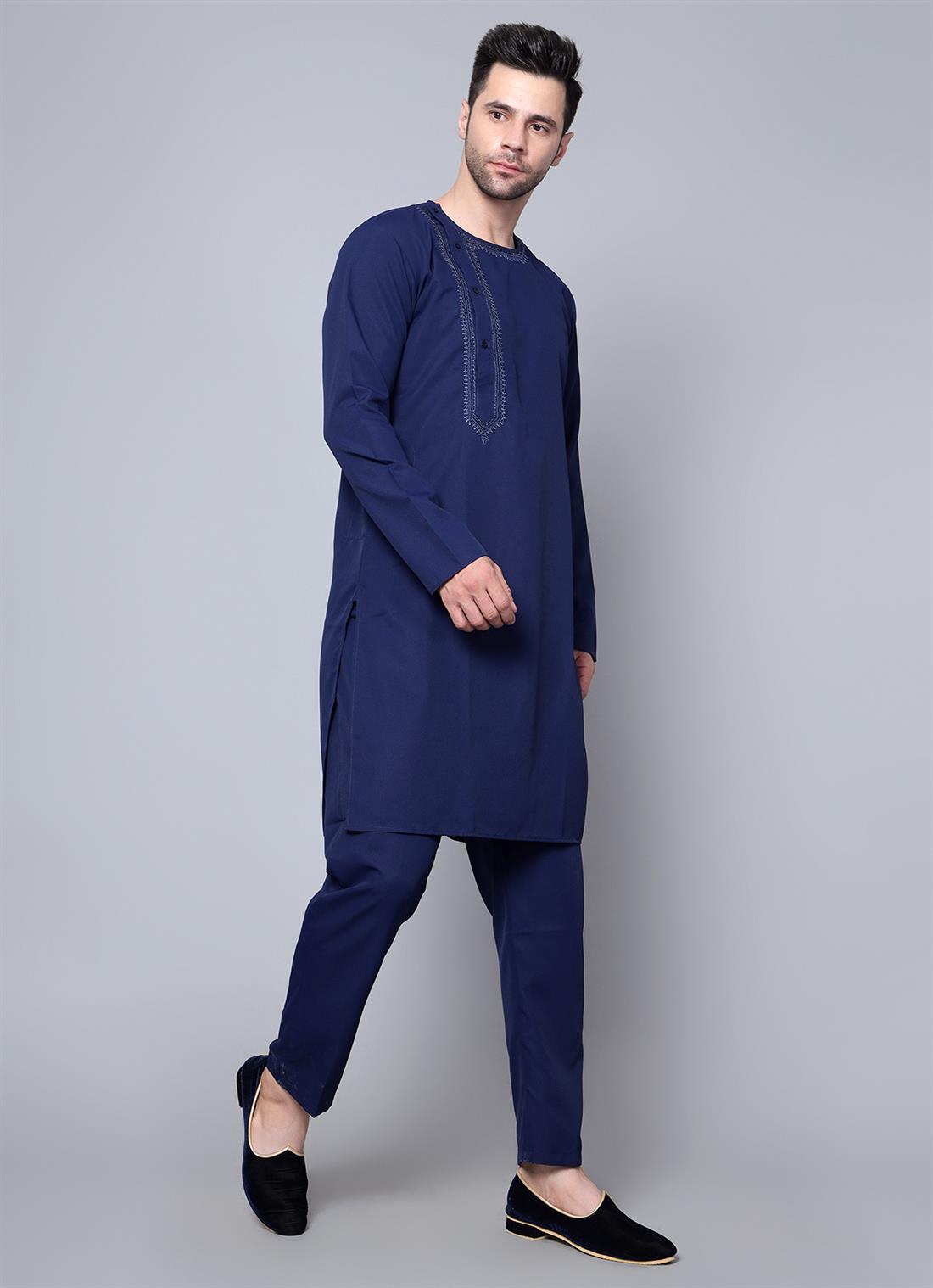 Navy Embroidered Mens Kurta with Straight Pyjama