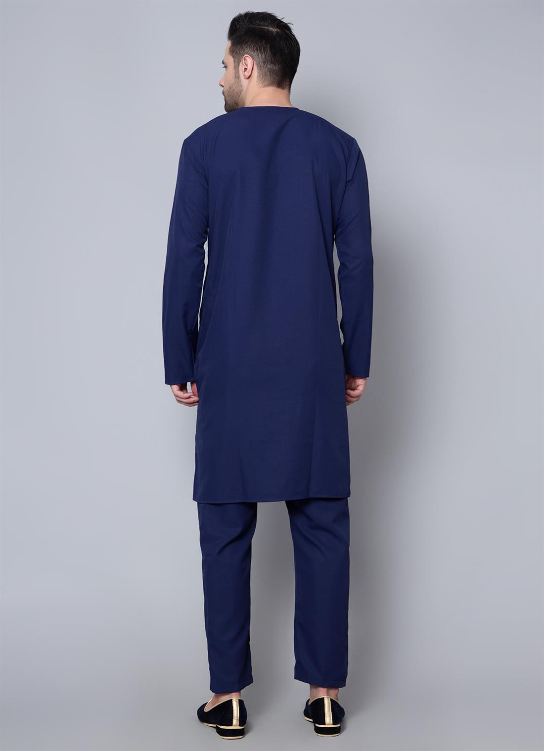 Navy Embroidered Mens Kurta with Straight Pyjama
