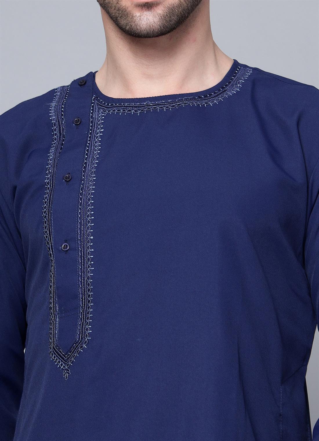 Navy Embroidered Mens Kurta with Straight Pyjama