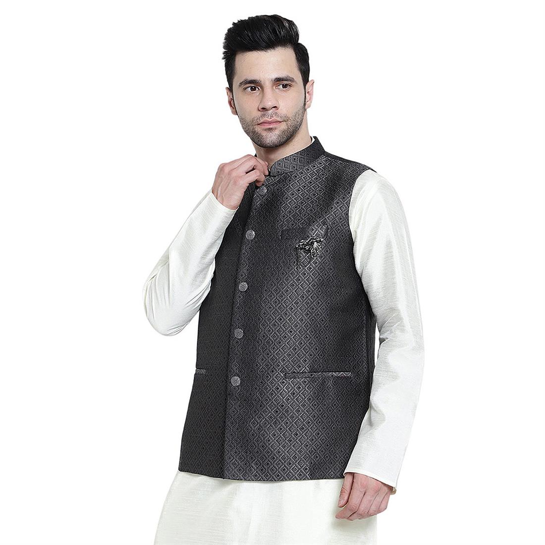 Grey Mens Brocade Waistcoat