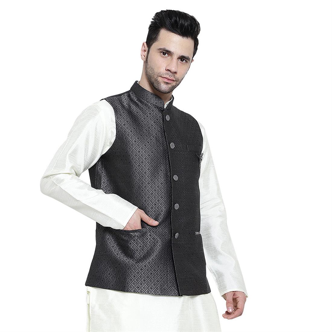 Grey Mens Brocade Waistcoat