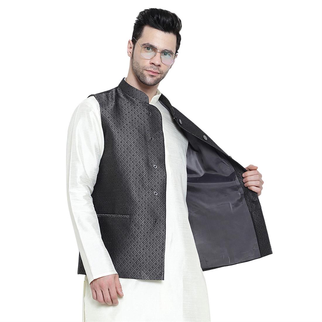 Grey Mens Brocade Waistcoat