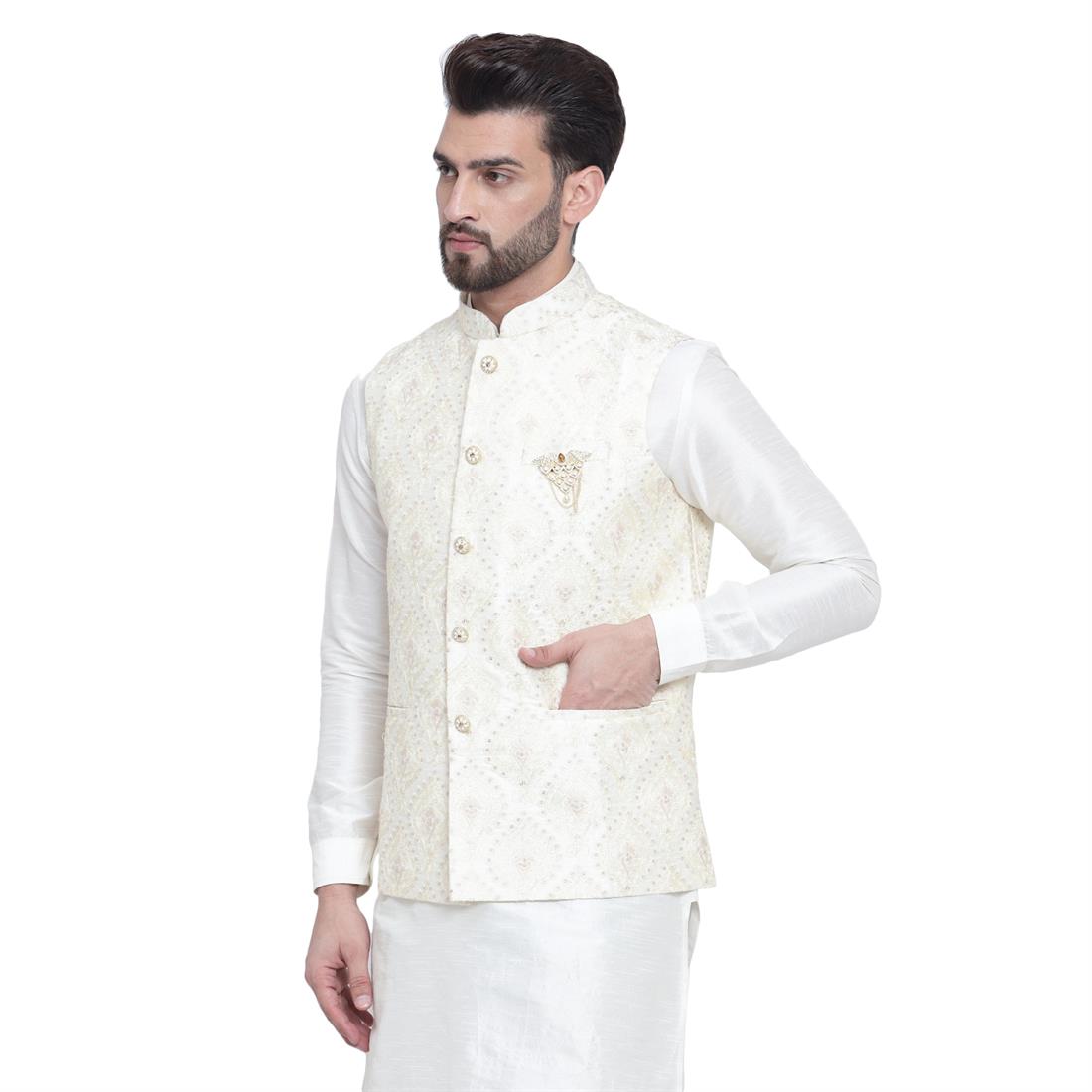 Cream Mens Waistcoat with All Over Machine Embroidery