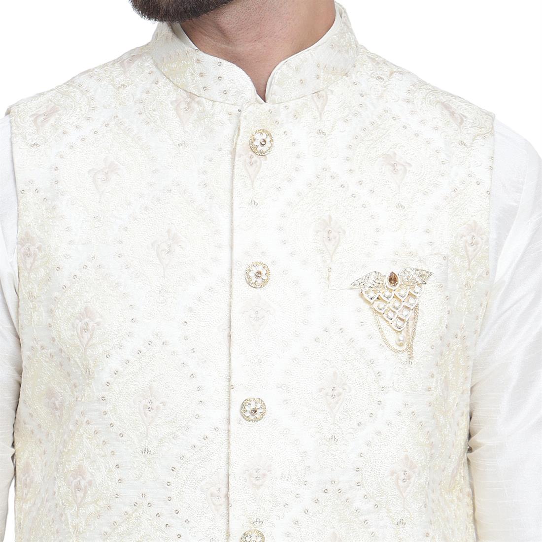 Cream Mens Waistcoat with All Over Machine Embroidery
