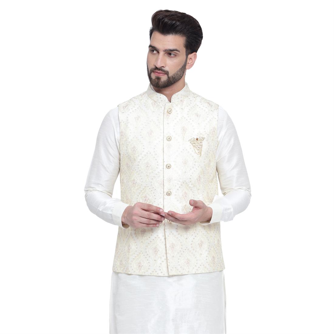Cream Mens Waistcoat with All Over Machine Embroidery